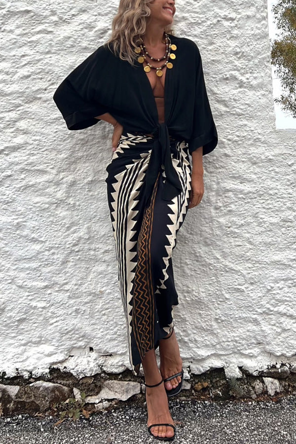 Print High Waist Ruched Wrap Maxi Skirt