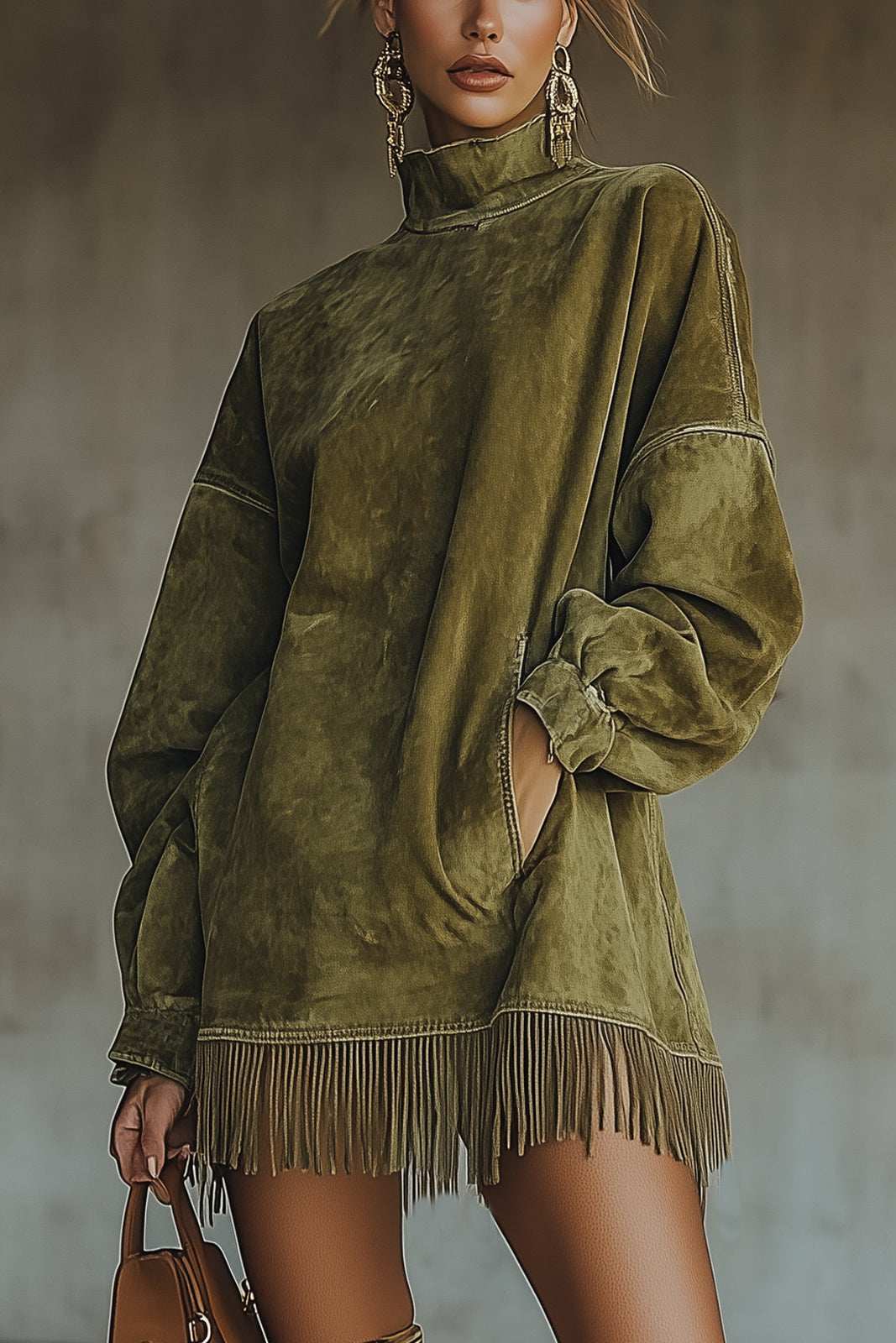 Olive Faux Suede Turtleneck Dress With Fringe Hem