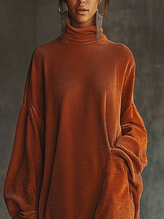 Orange Corduroy Loose Tassel Hem High Collar Dress