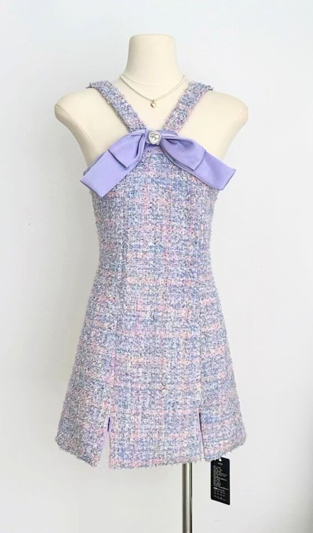 Lavender Tweed Mini Dress - Bowtie Detail Party Dress