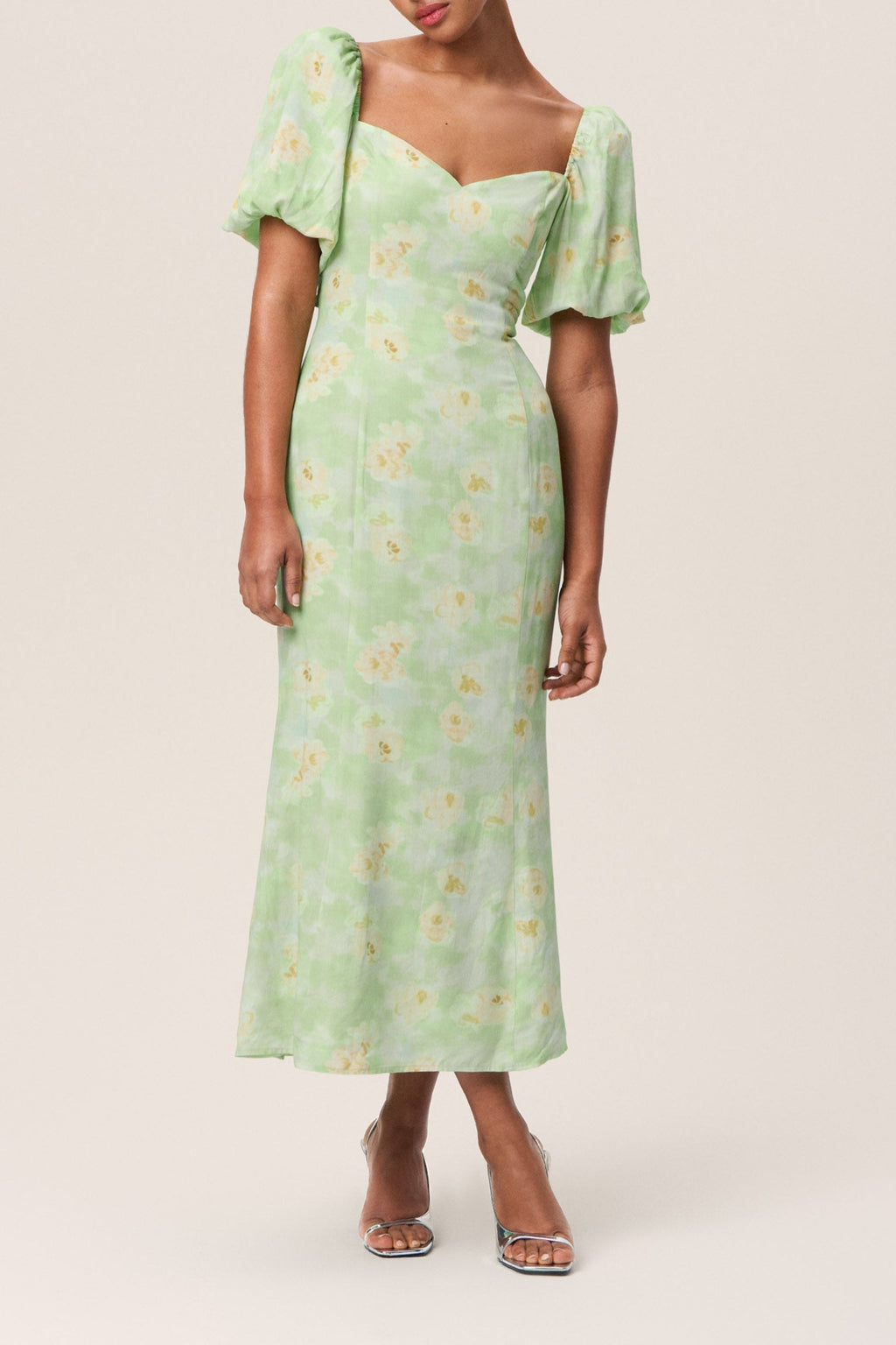Floral puff sleeve midi dress in green