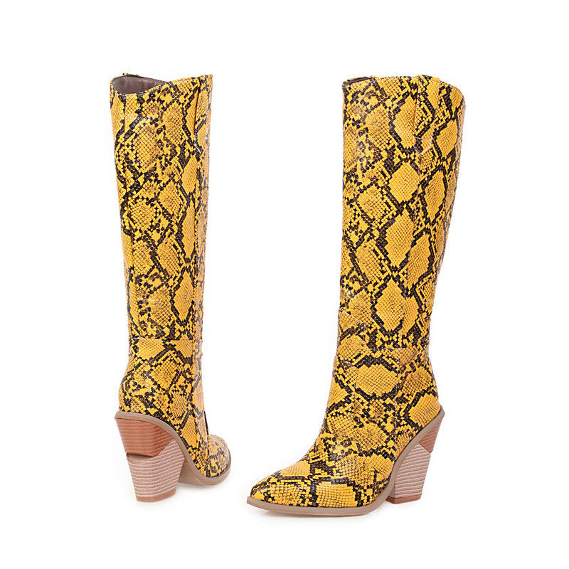 Python pattern patent leather shaped wedge mid-calf shoes