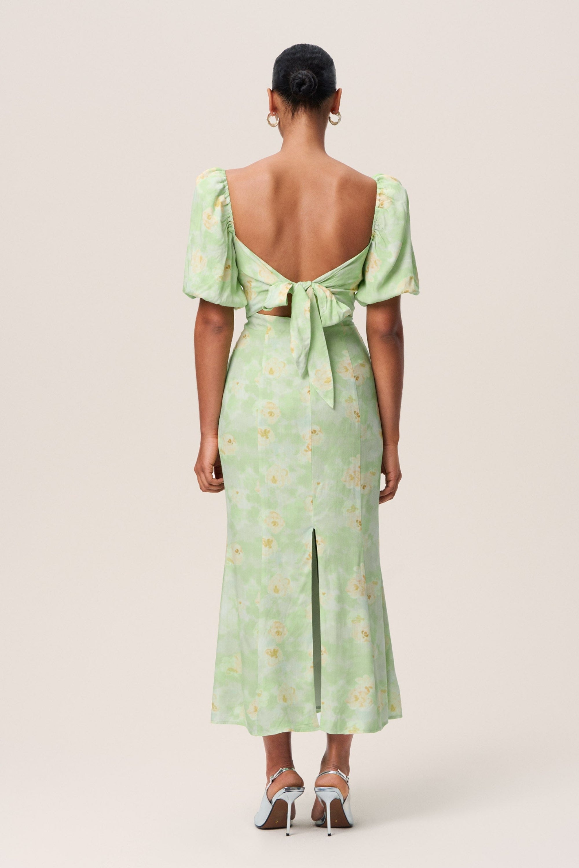 Floral puff sleeve midi dress in green