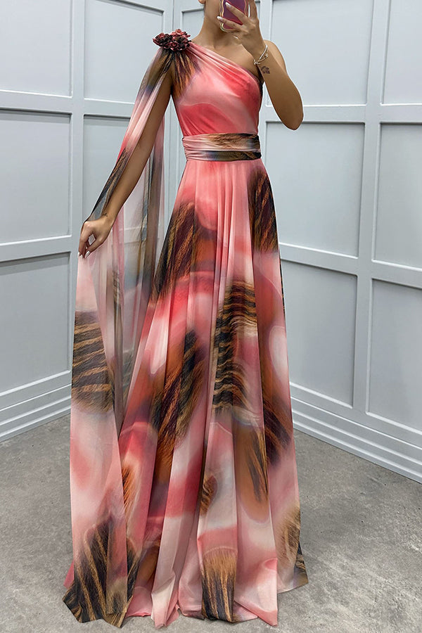 Print Floral Detail One Shoulder Draped Sleeve Gown Maxi Dress