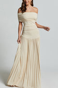 white Off-shoulder Slim Fit Pleated Maxi Dress