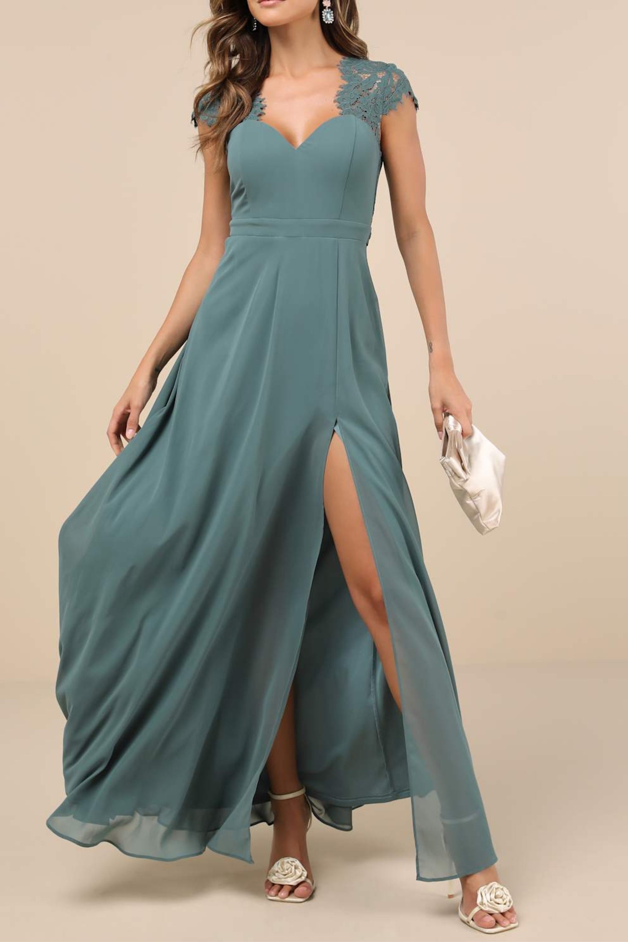 Dark Sage Green Lace Backless Maxi Dress