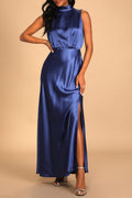 Blue Satin Sleeveless Mock Neck Maxi Dress