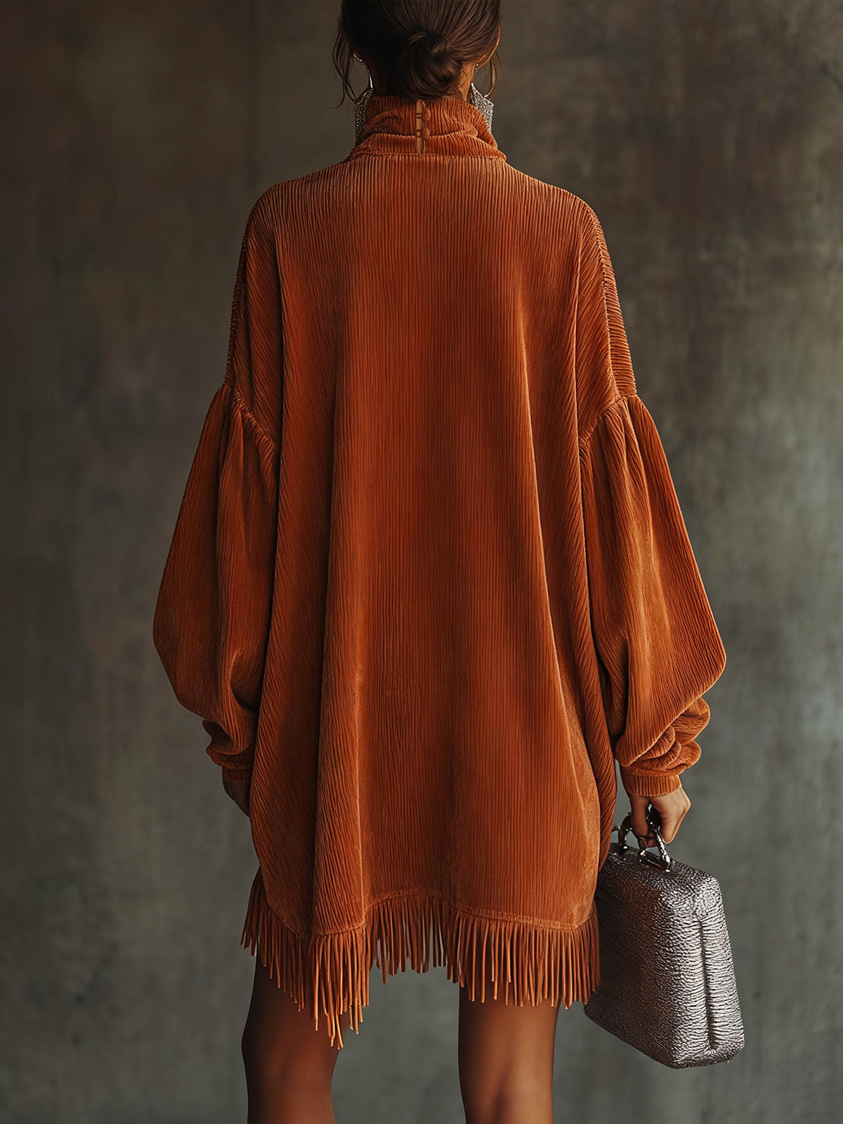 Orange Corduroy Loose Tassel Hem High Collar Dress