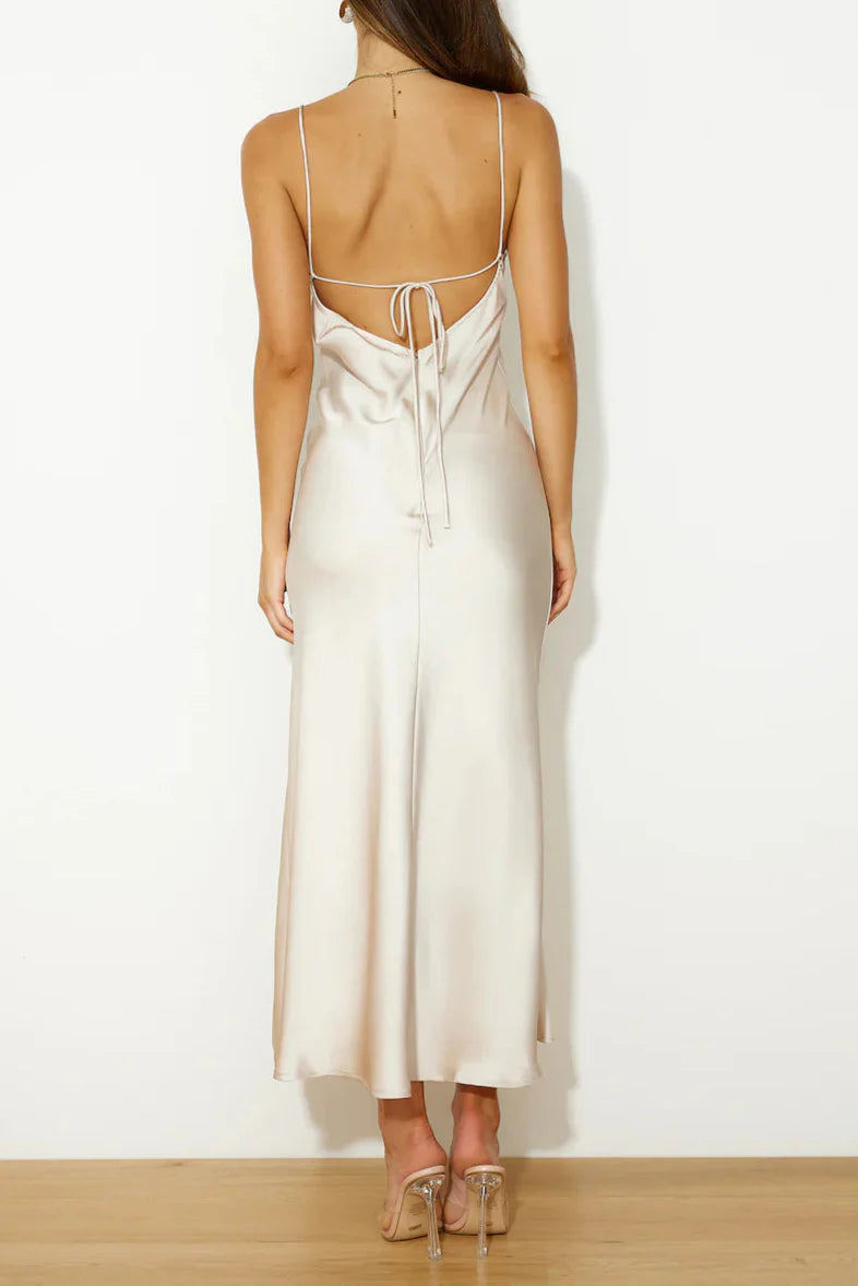 Satin slit Midi Dress in Champagne