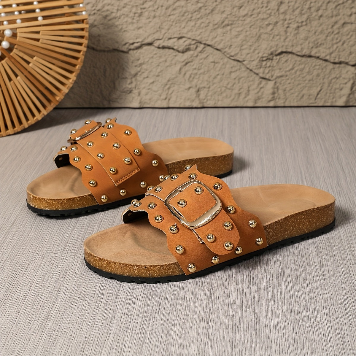 Cognac Rivet Slide Sandals