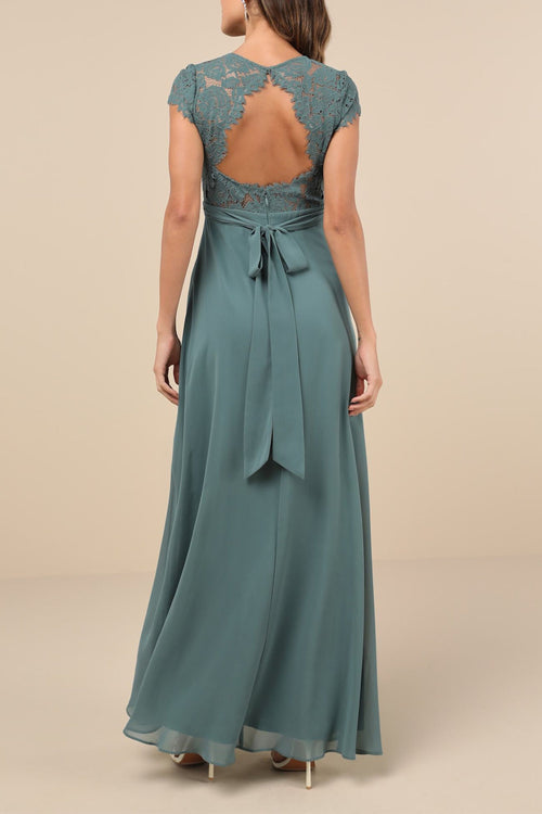 Dark Sage Green Lace Backless Maxi Dress
