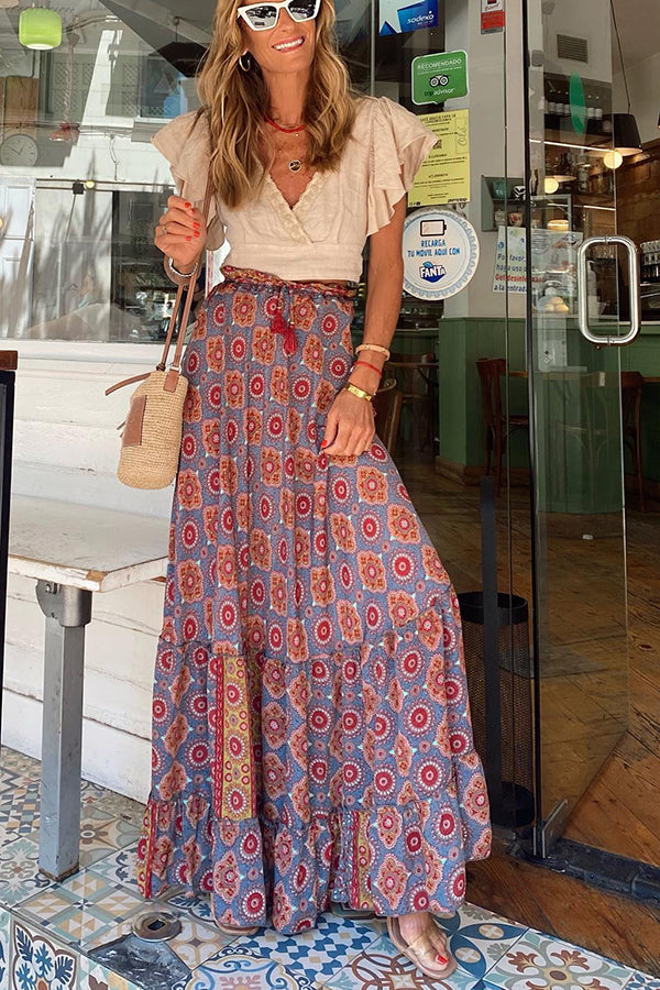 madeline Bohemian Print Elastic Waist Tassel Maxi Skirt
