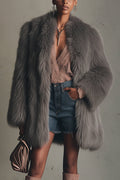 Gray Faux Fox Fur Eco Friendly Long Sleeve Jacket
