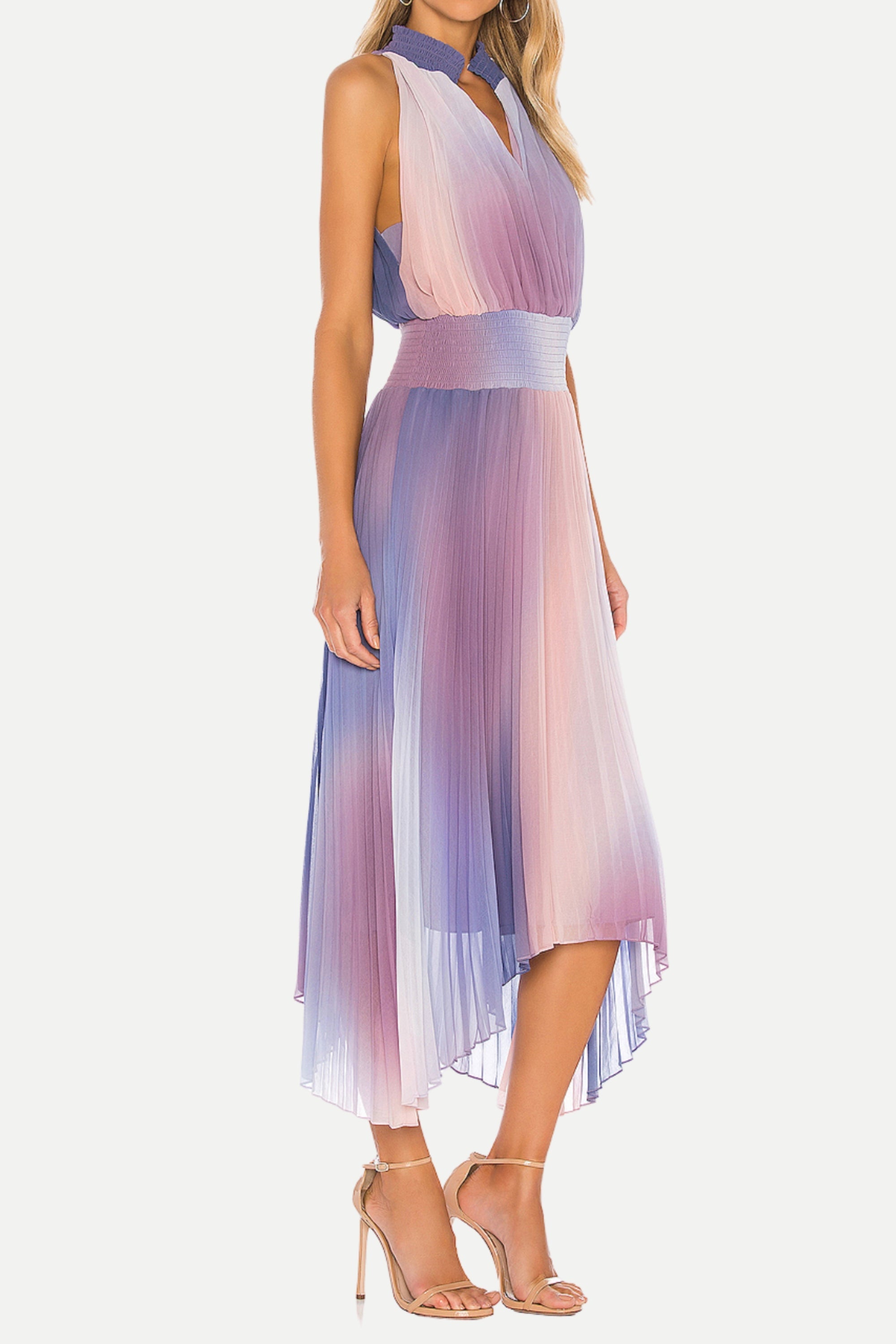 halter neck pleated midi dress in lavender tie dye