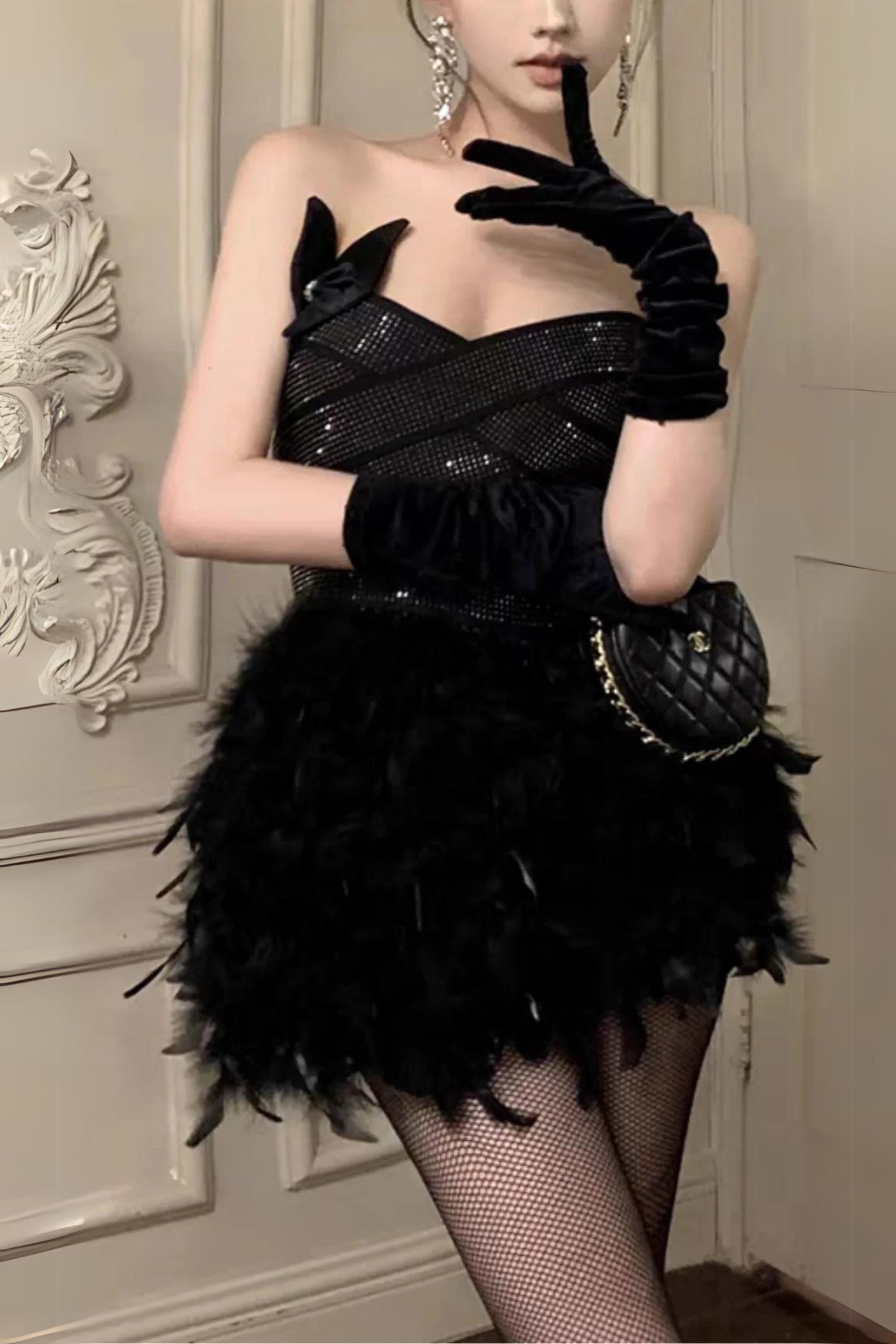 RHINESTONE FEATHER STRAPLESS MINI DRESS IN BLACK
