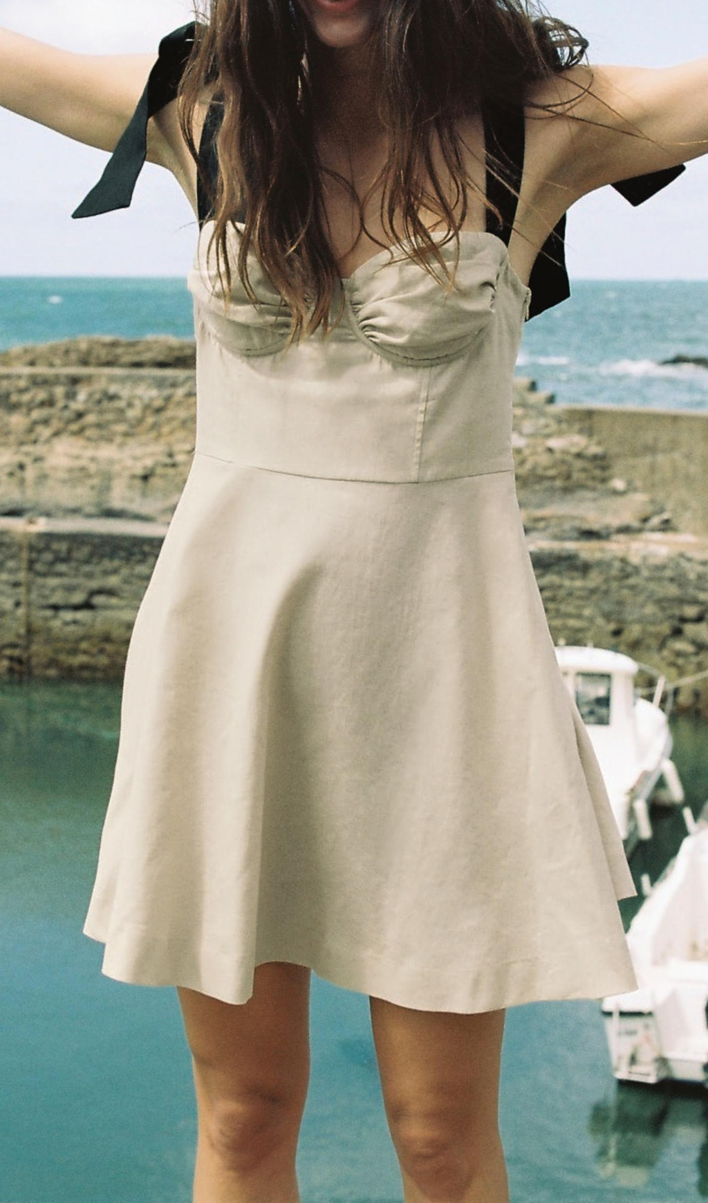 Linen Blend Mini Dress - Contrast Bow Detail Summer Dress