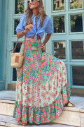 madeline Bohemian Print Elastic Waist Tassel Maxi Skirt