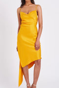 ORANGE SATIN DRAPING MIDI DRESS