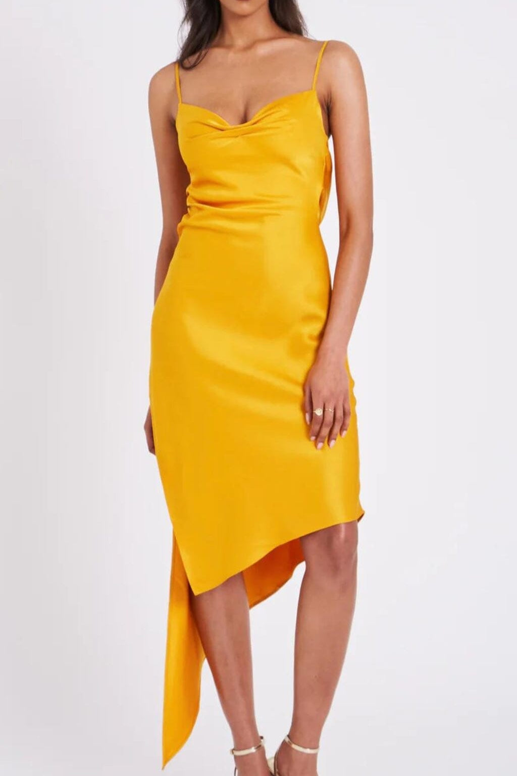 ORANGE SATIN DRAPING MIDI DRESS