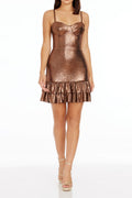 Bronze Flare Mini Dress with Ruffled Hem