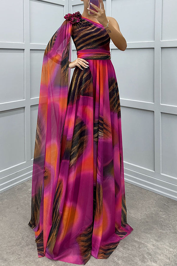 Print Floral Detail One Shoulder Draped Sleeve Gown Maxi Dress