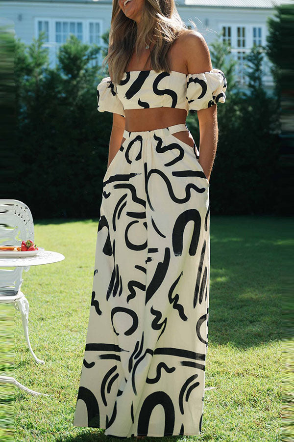 belinda Doodle Printed Off Shoulder Crop Top and Pocketed Cutout Maxi Skirt Set