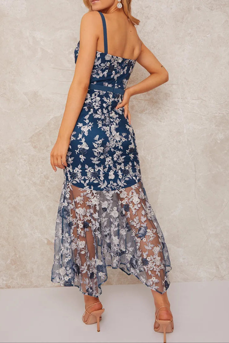Peplum Embroidered Lace Bodycon Dress in Blue