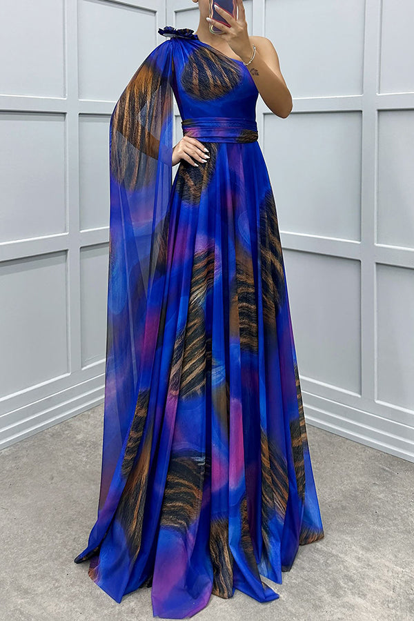 Print Floral Detail One Shoulder Draped Sleeve Gown Maxi Dress