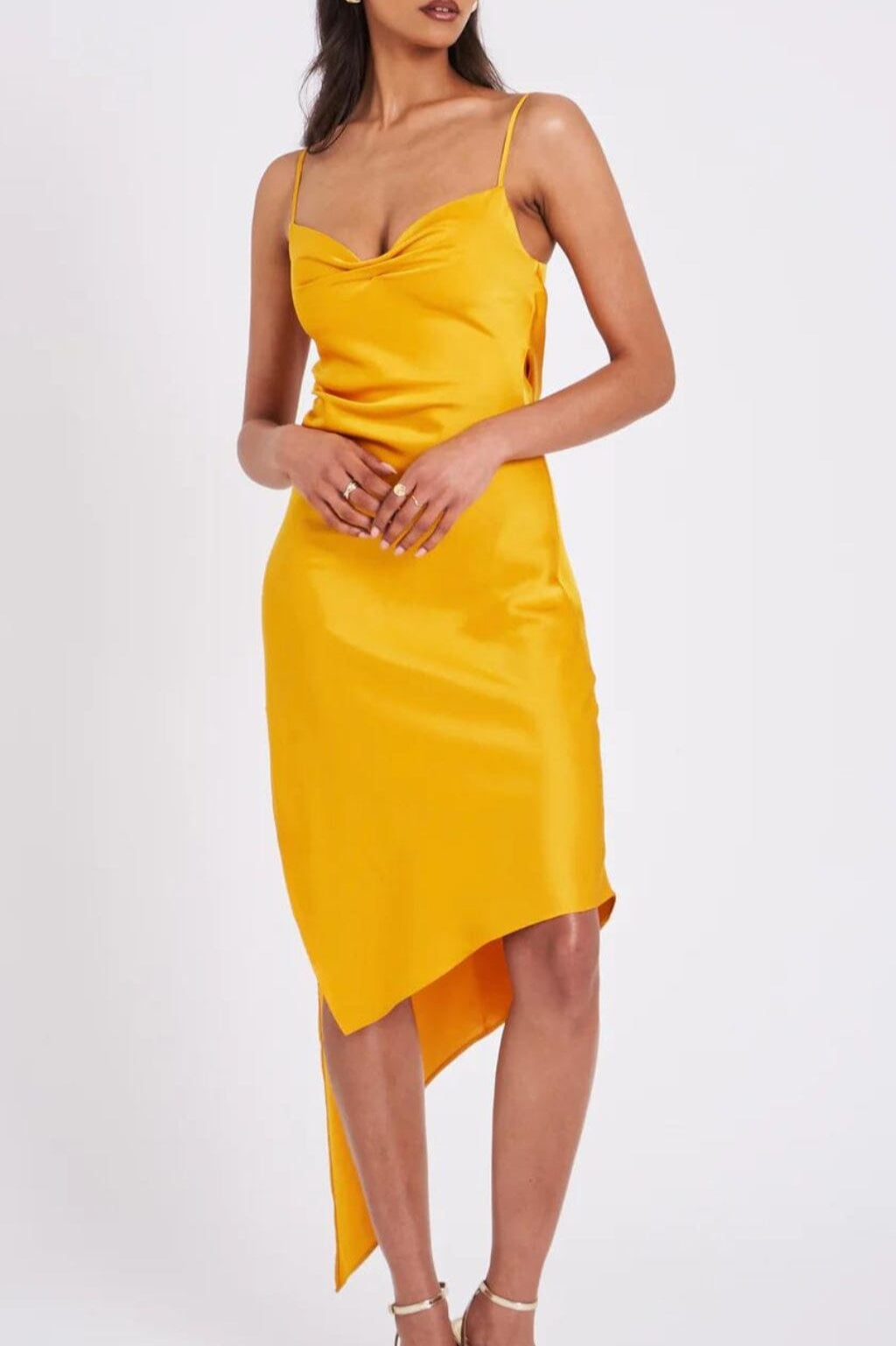 ORANGE SATIN DRAPING MIDI DRESS