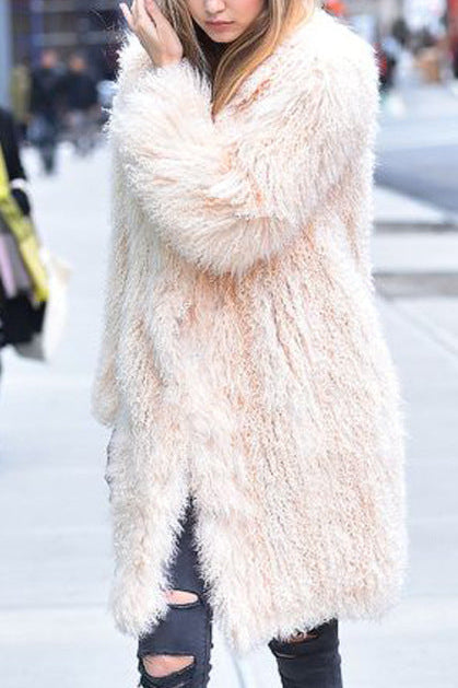 long imitation fur leather coat