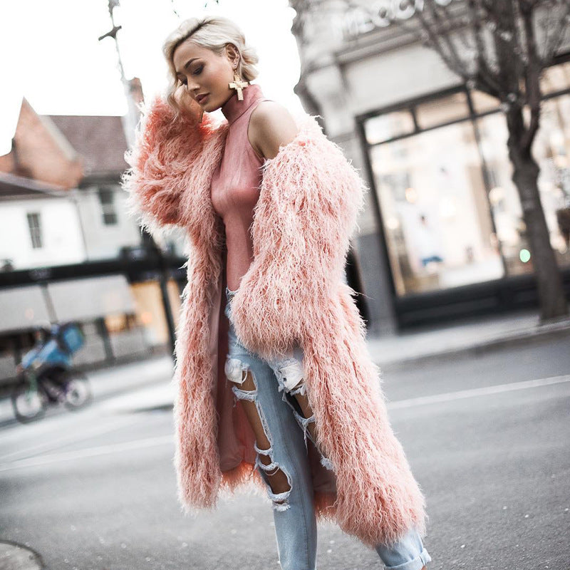 long imitation fur leather coat