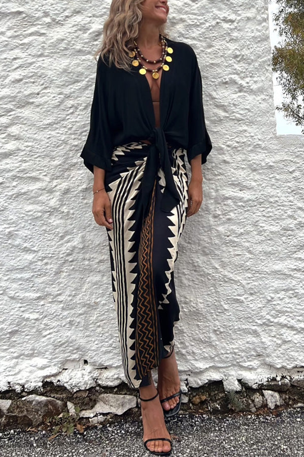 Print High Waist Ruched Wrap Maxi Skirt
