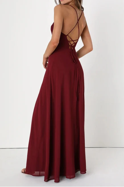 Event Ready Burgundy Backless Lace-Up Maxi Dress