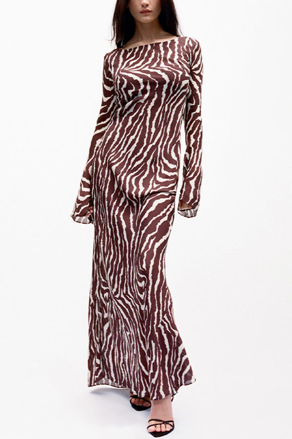 red Print Boat Neck Long Bell Sleeve Bias Cut Maxi Dress