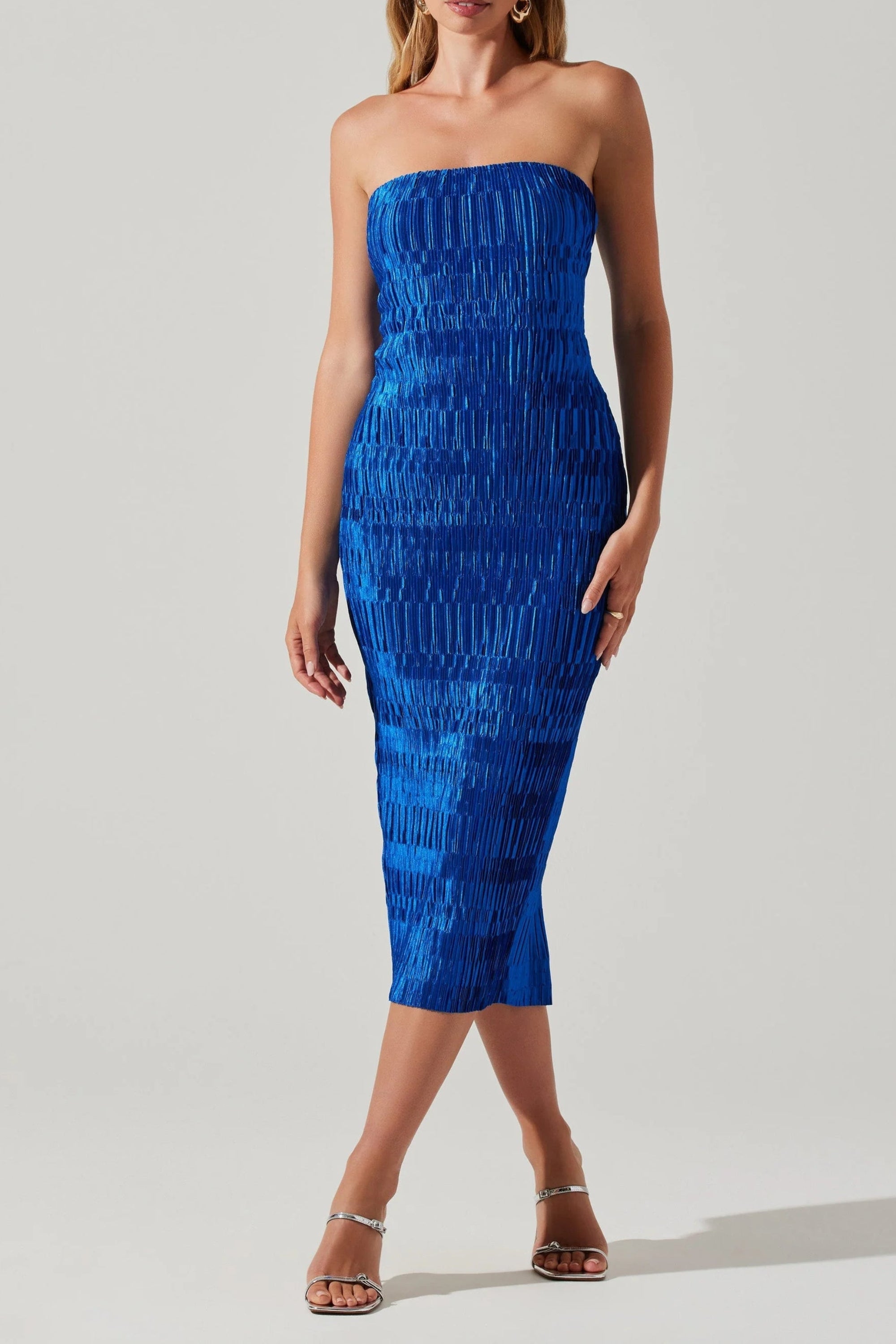 Reine Plisse Strapless Midi Dress