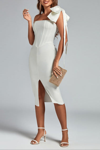 bow one-shoulder slit midi dress in white
