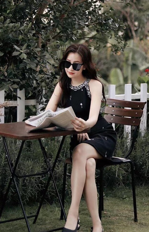 RHINESTONE EMBELLISHED SUNDRESS IN BLACK