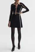 Contrast Trim Press-Stud Mini Dress in Black/Camel