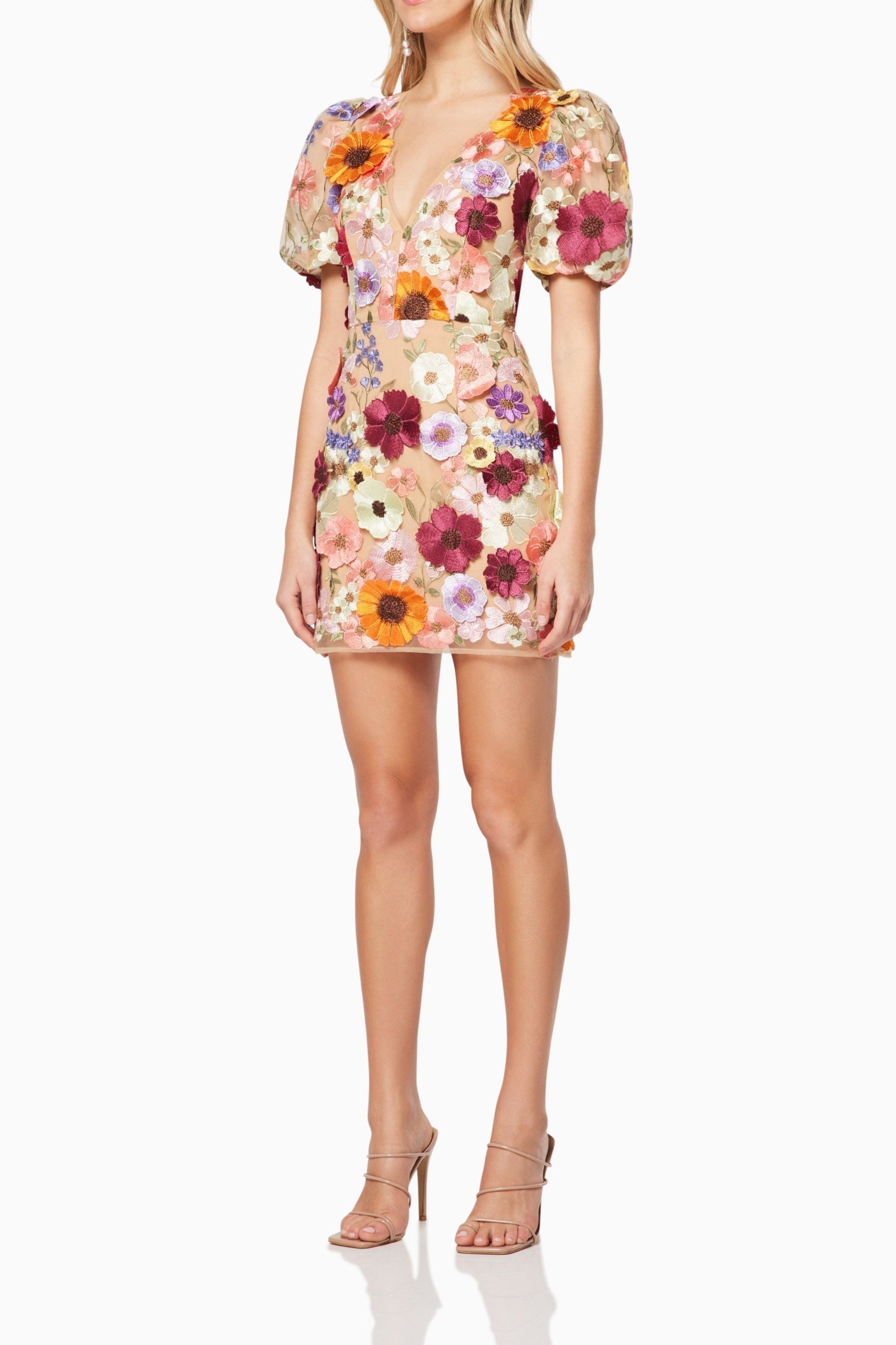 Rosalind Pink Mini Dress - 3D Floral Embellished Party Dress
