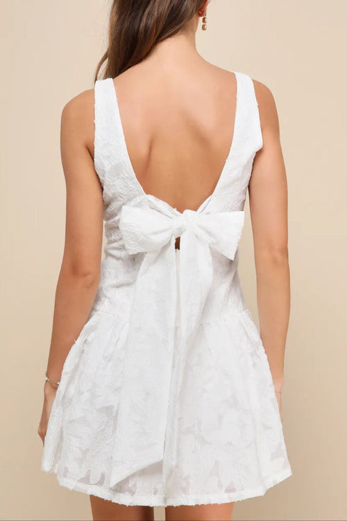 Exuberant Elegance White Jacquard Drop Waist Mini Dress
