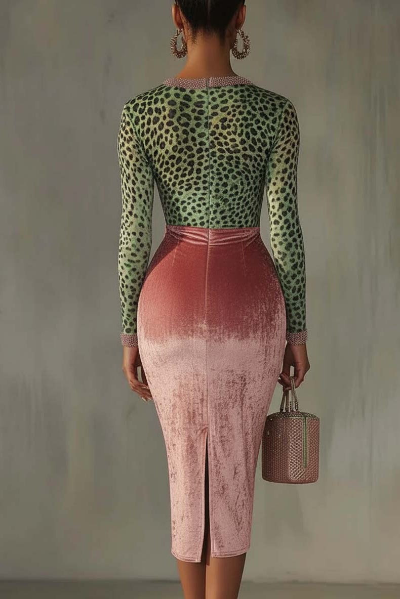Pink Velvet Bodycon Dress With Patchwork Webbing And Leopard Print