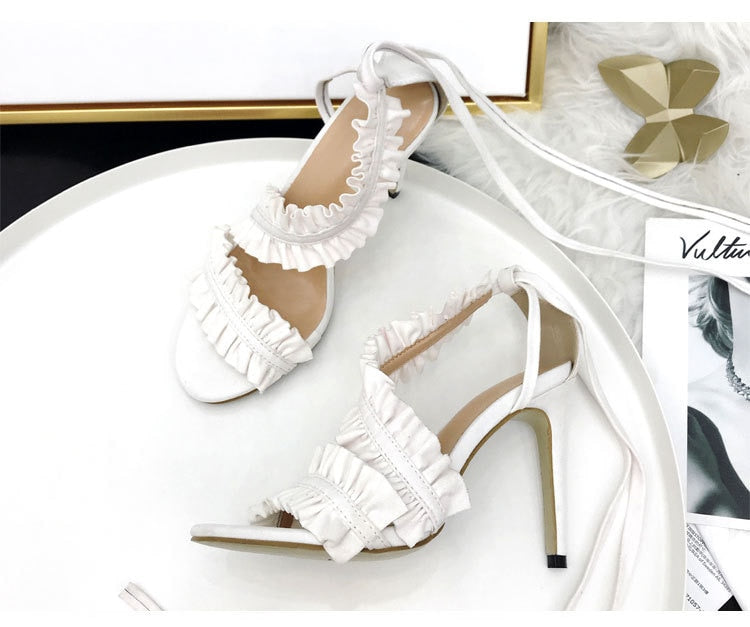Cross Bandage Thin Heel Ruffle Sandals