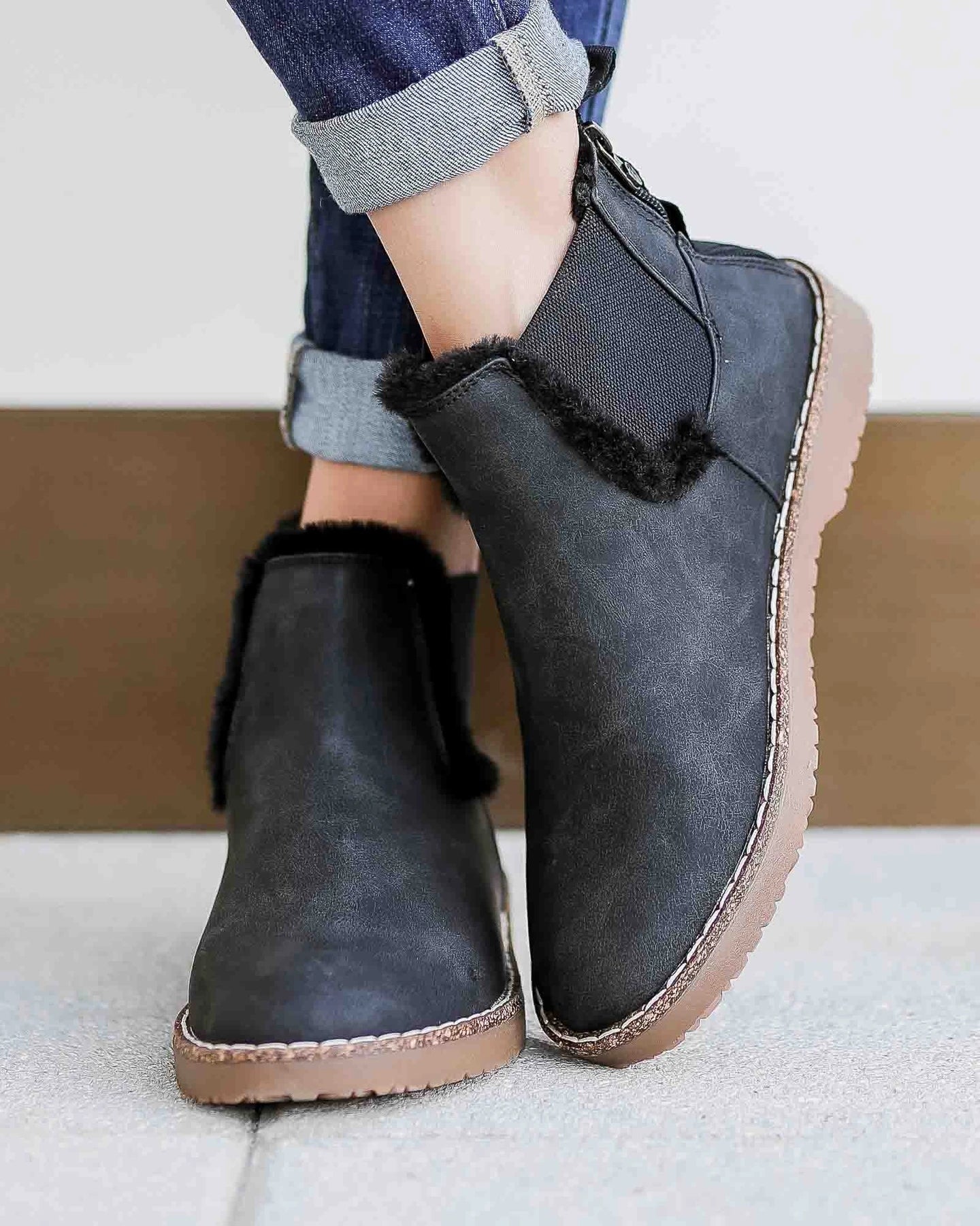 Slip On Back Zipper Plush Sole Ankle Booties