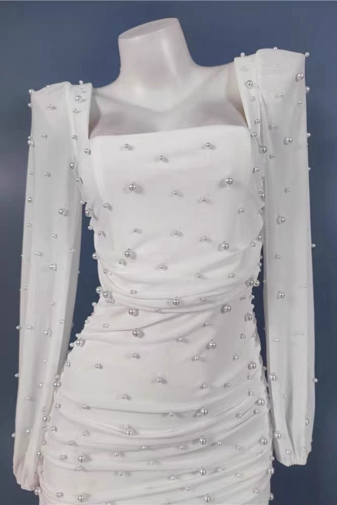 Flirty Luxury Ivory Mesh Pearl Long Sleeve Mini Dress