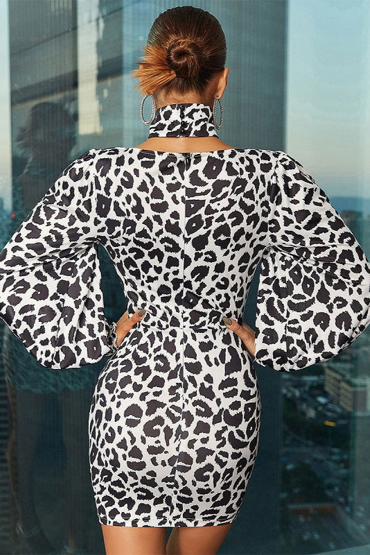 black Jewel Neck Zipper Long Sleeves Printed Semi Dress