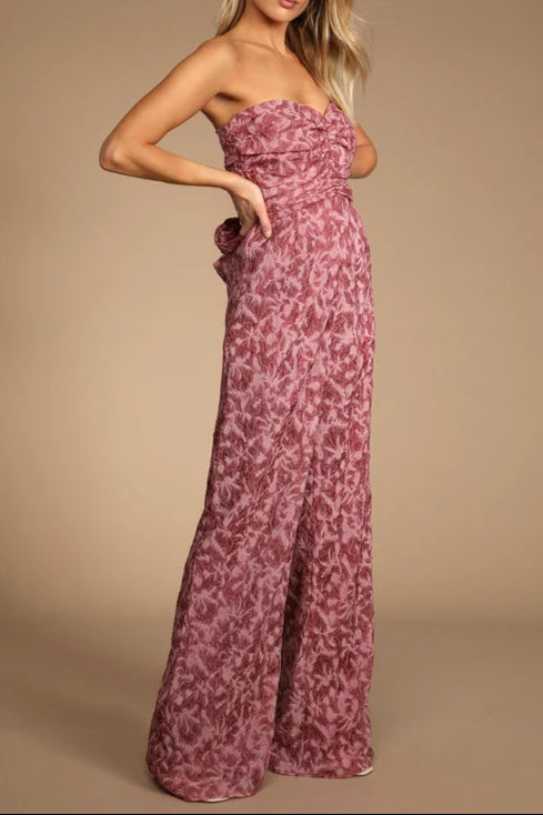 Organza Ruched Strapless Wide-Leg Jumpsuit