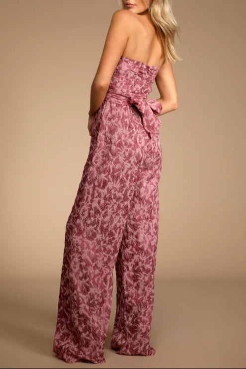 Organza Ruched Strapless Wide-Leg Jumpsuit