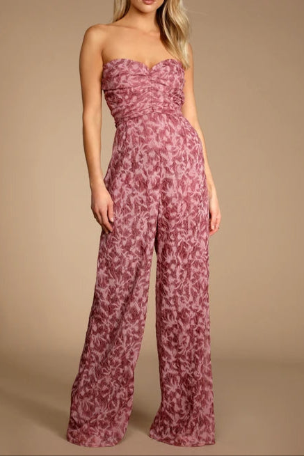 Organza Ruched Strapless Wide-Leg Jumpsuit