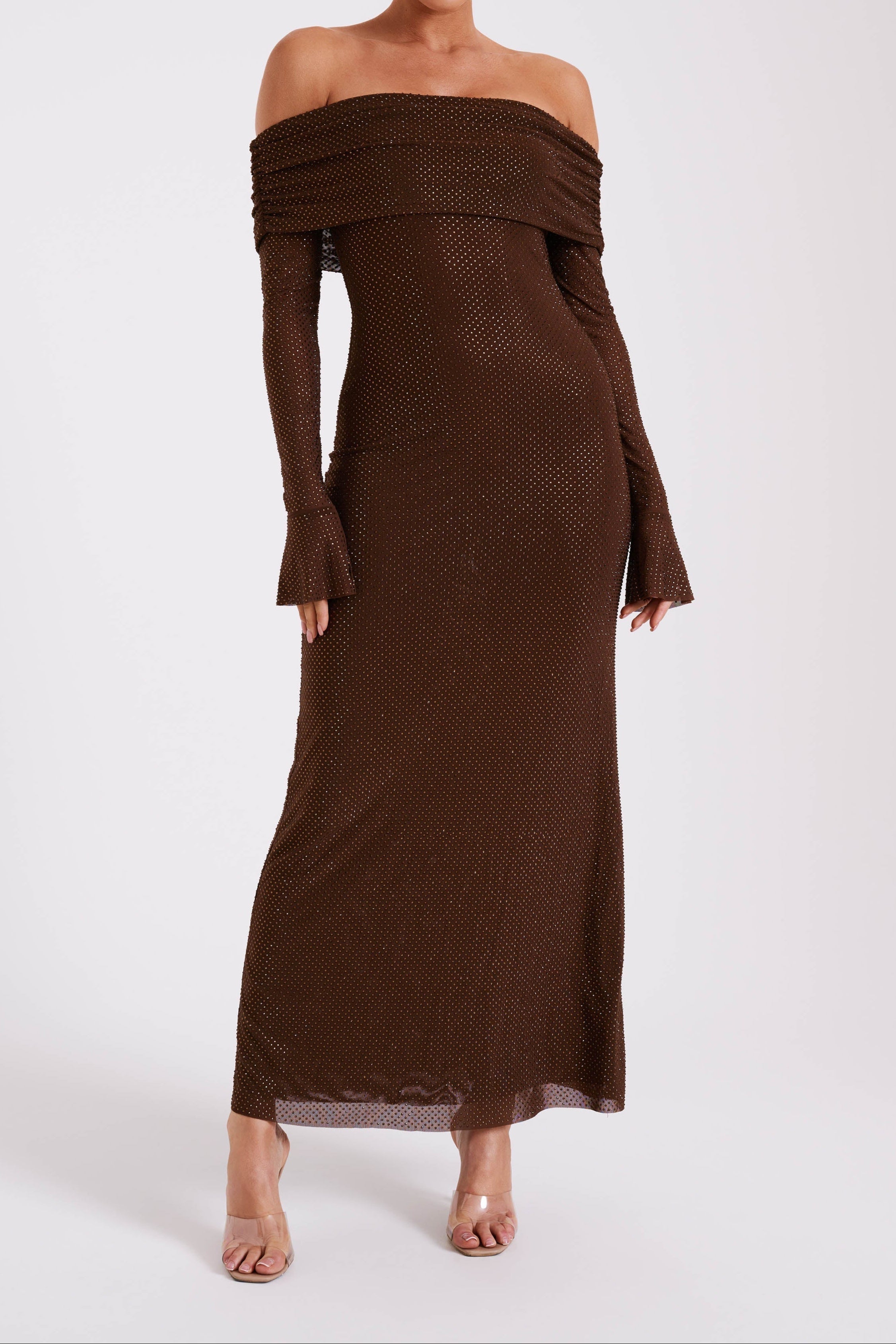 denise Off Shoulder sequin Maxi Dress - Chocolate