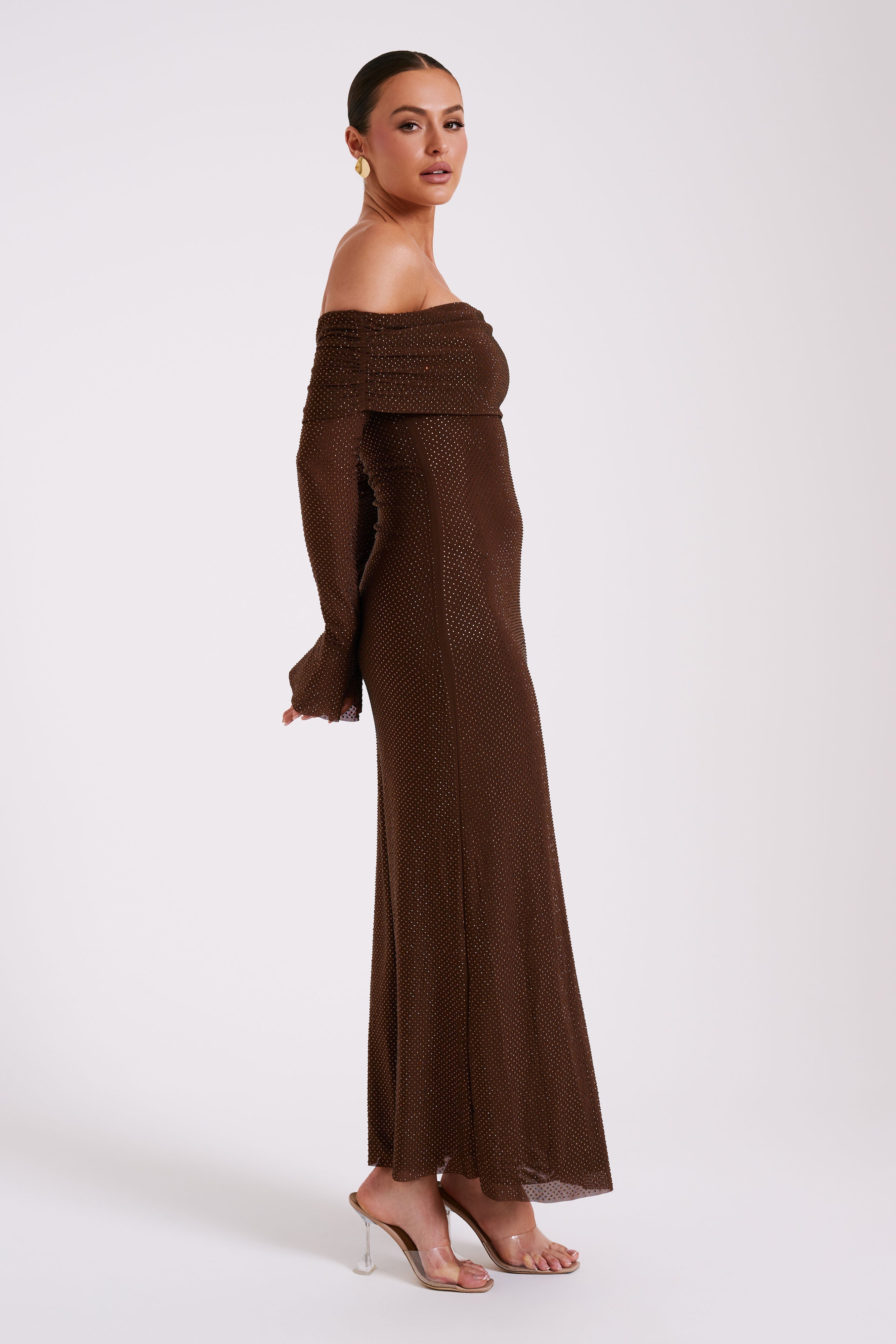 denise Off Shoulder sequin Maxi Dress - Chocolate